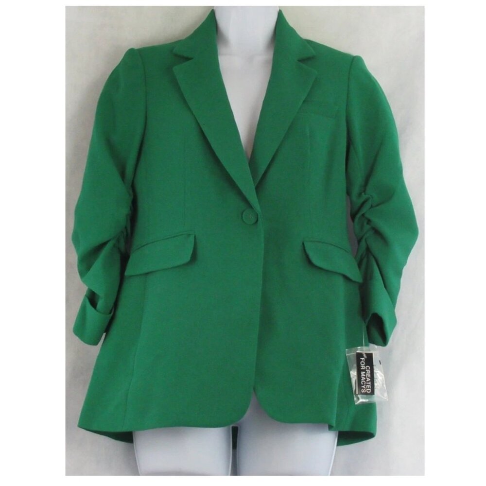 NWT Bar III Women's One-Button Ruched 3/4 Sleeves Blazer, Green, XS